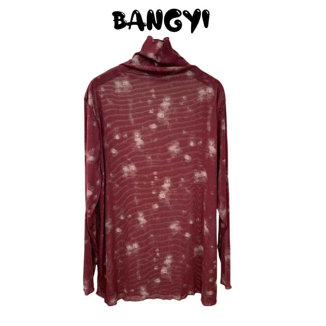 8837#《榜衣》韩版秋季高领时尚显瘦扎染拼色设计感长袖休闲风女T恤