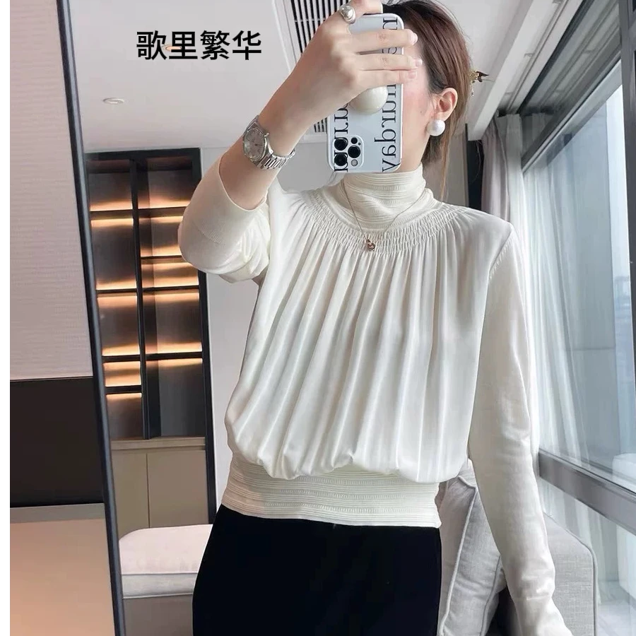 《沐岩专属》G+真丝羊毛拼接气质优雅精致立领针织衫黑/白色0152