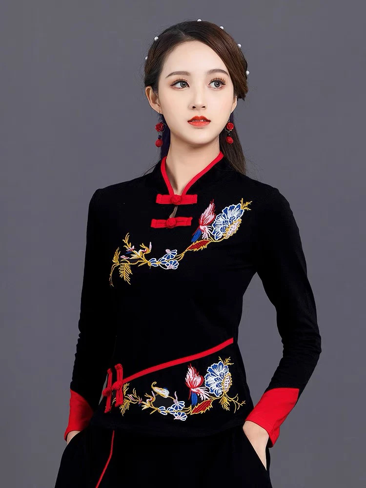 民族风女装立领复古拼接盘扣中国风棉上衣女t加绒加厚高考毕业季