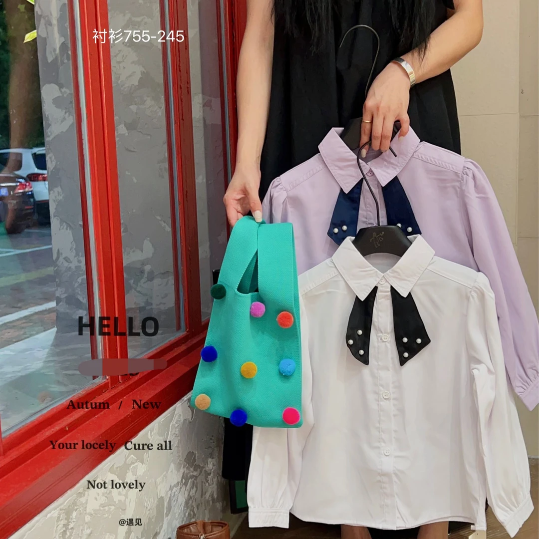 【编号F526】C755-07- 儿童珍珠领结衬衫紫色-YJ