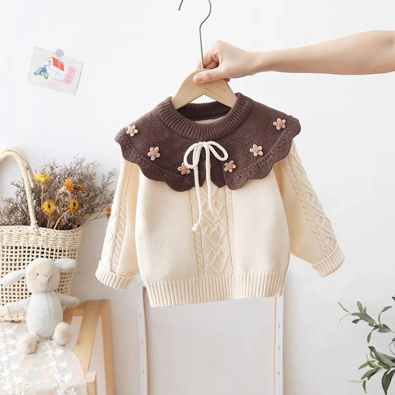 【编号C851】TX-19-34-儿童花边娃娃领加厚毛衣杏色-TXGZ