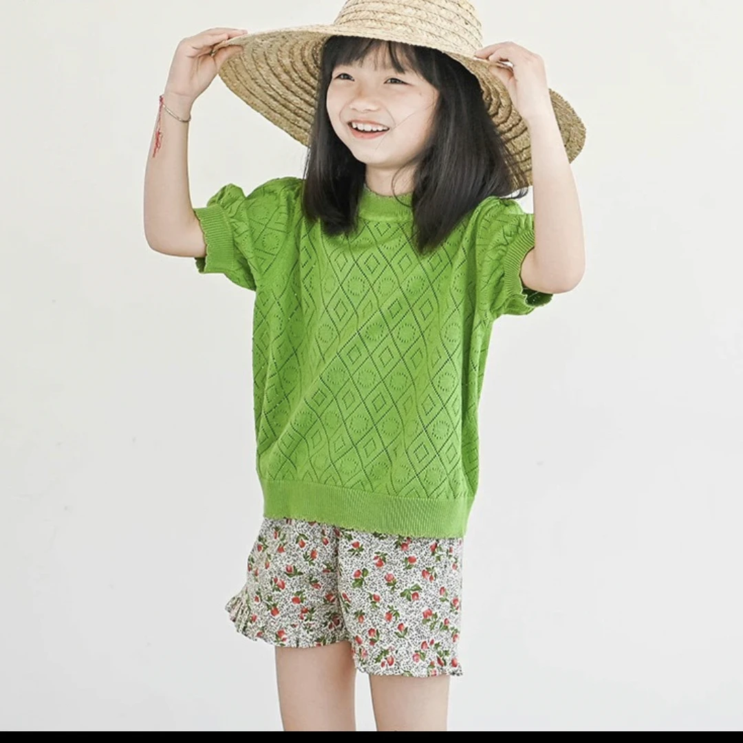 【编号N268】Q730-05-儿童镂空短袖毛衣柳绿色-SWD