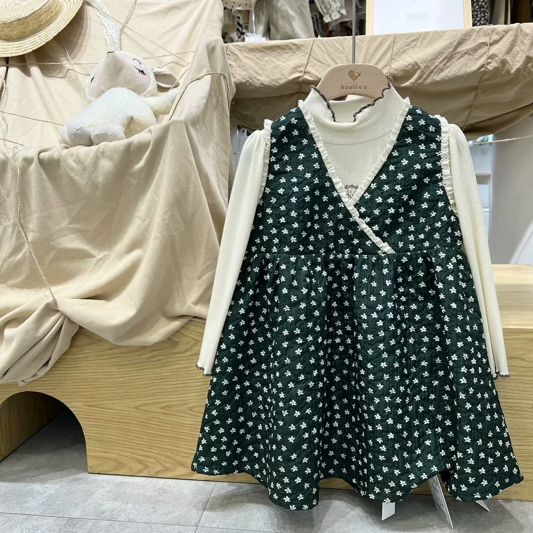 【编号N348】HL20-5CT306-05-儿童洋气V领碎花连衣裙绿色-HOULI