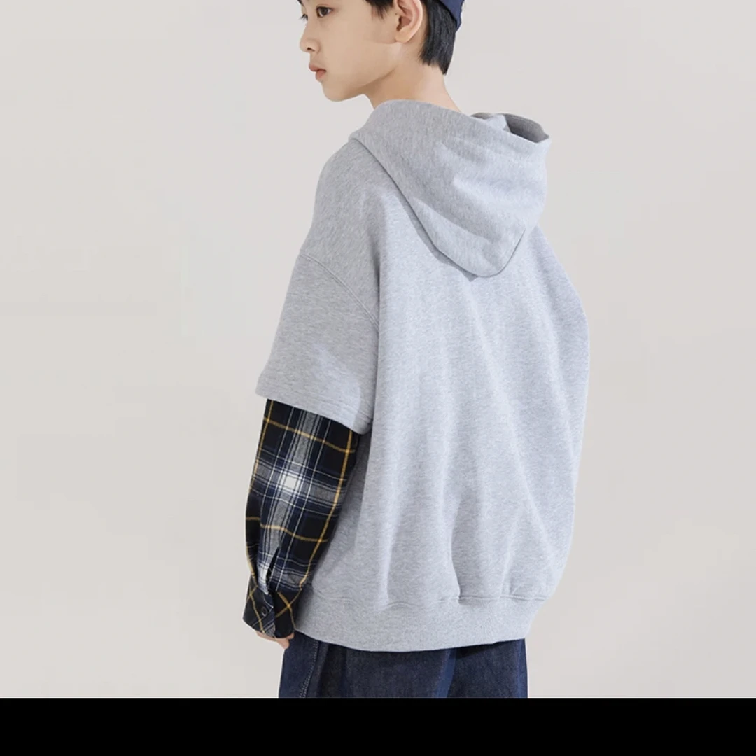 【编号M221】23811-08-儿童韩版绣字母拼袖连帽卫衣B灰色-TMLL