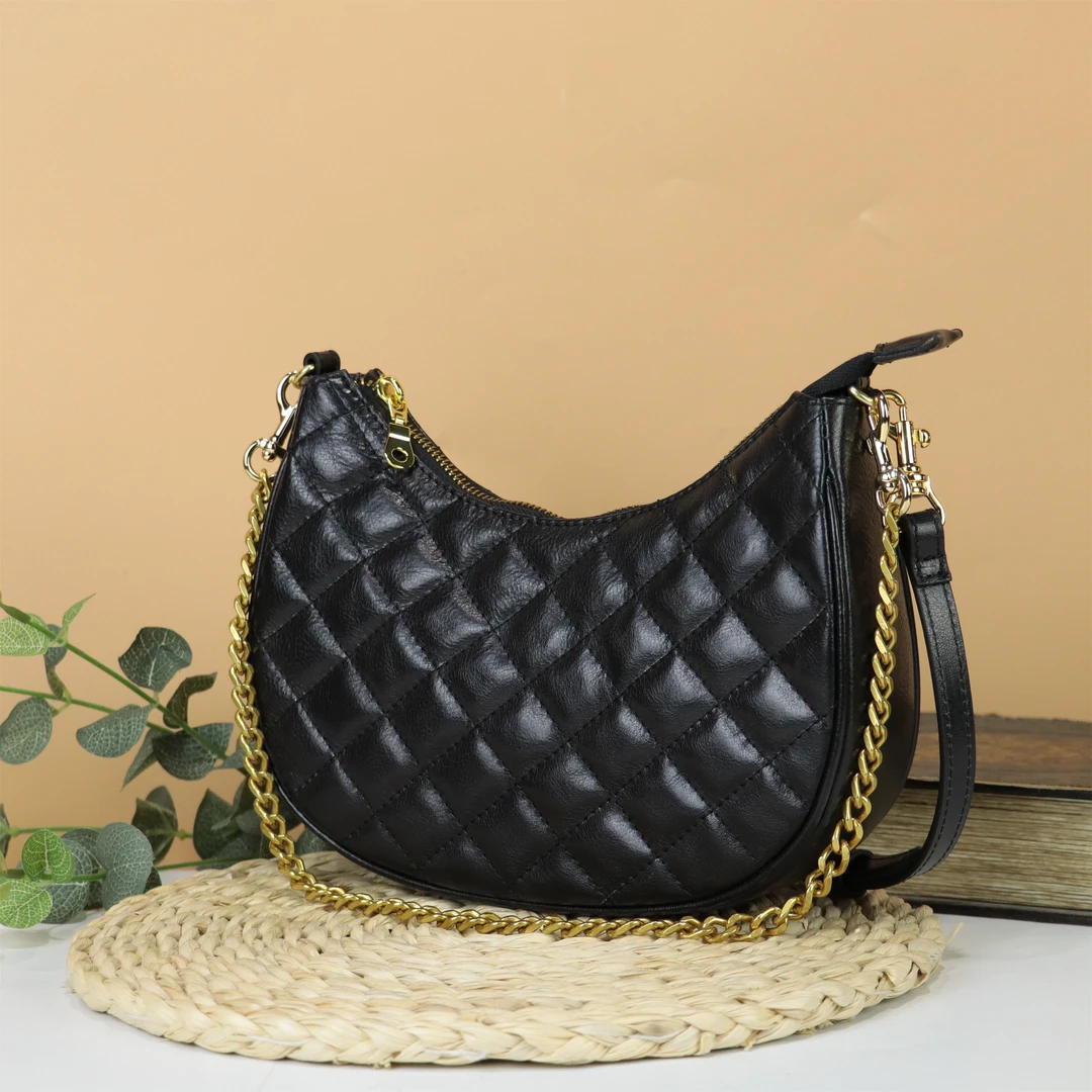 头层牛皮女士时尚真皮菱格小香风百搭单肩斜挎豌豆月牙月亮包包