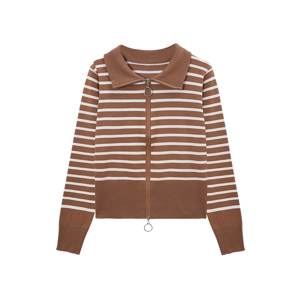 【小铃铛】70056:条纹双拉链针织开衫翻领毛衣外套长袖上衣