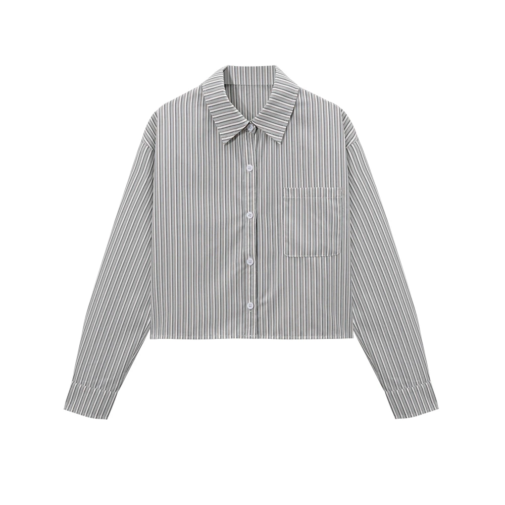 【诗语专属】  10208 :慵懒风竖状条纹短款上衣韩范长袖衬衫