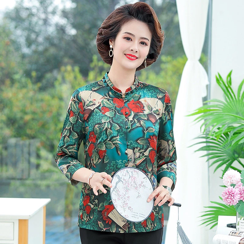 3056妈妈春夏装长袖衬衫宽松中老年大码立领花色春秋洋气印花上衣