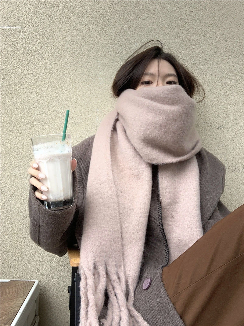 纯色加厚大围巾冬季披肩围脖气质复古时尚流苏长款温柔外搭学生女