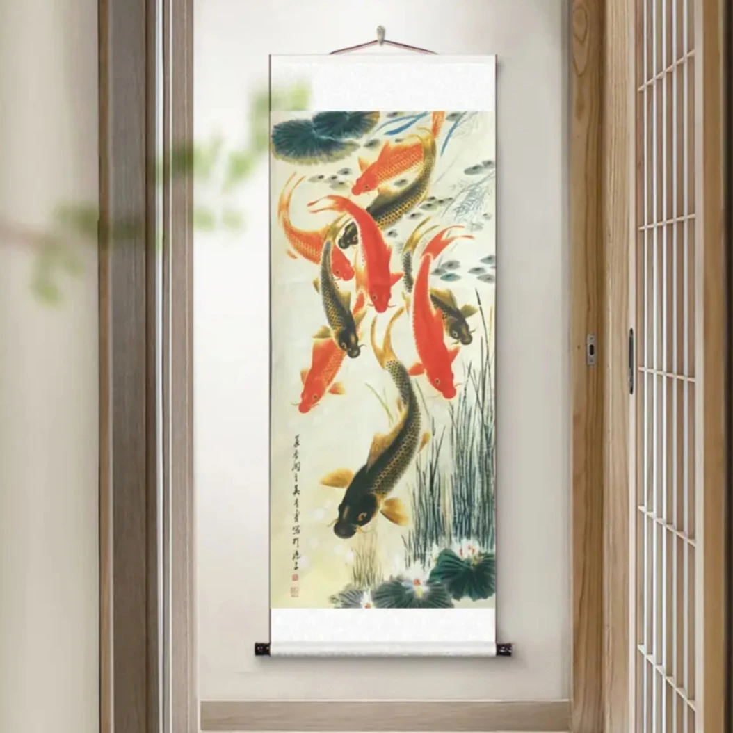 1.55m*0.6m—《九鱼图》客厅书房茶室国风山水图挂画装饰画艺术微喷
