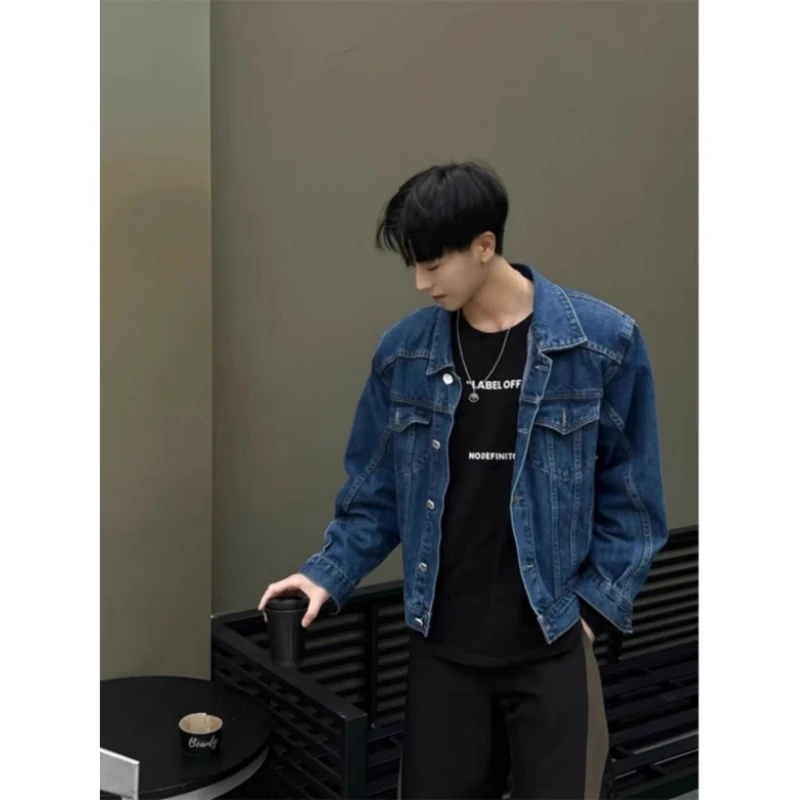 深蓝色正肩牛仔外套男款高级感痞帅复古牛仔褂短款美式工装夹克秋