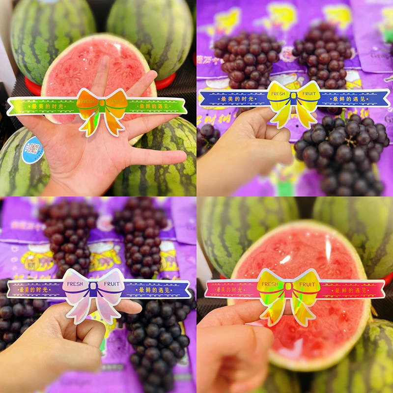 通用镭射反光水果腰封贴纸创意蝴蝶结长条水果腰贴果切外卖贴纸