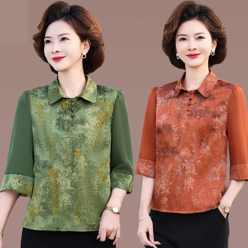 中年妈妈夏装雪纺T恤小衫薄款洋气上衣中老年女装春秋中袖打底衫