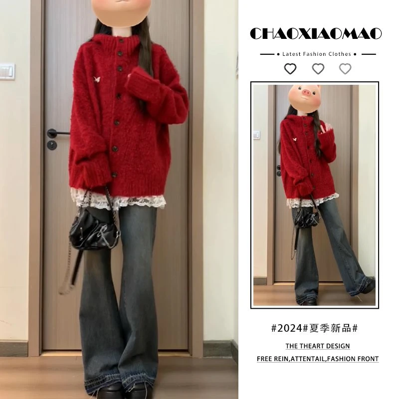 2025年秋季新款韩穿搭套装女设计感甜美毛衣蕾丝内搭牛仔裤三件套