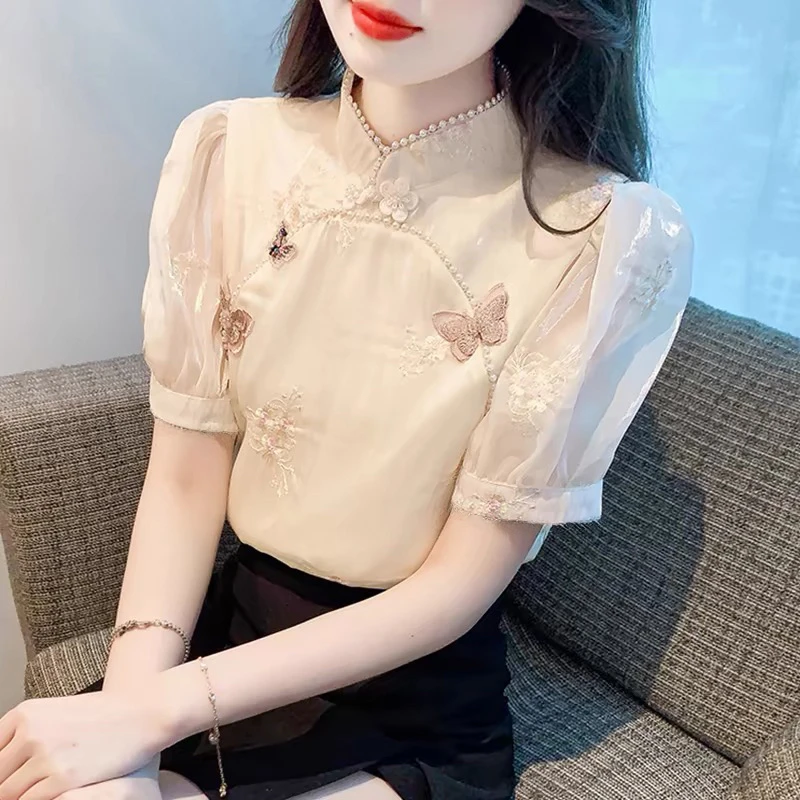 雪纺衬衫女夏季短袖2024年新款设计感小众法式短款新中式盘扣上衣