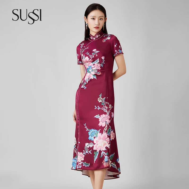 【古色.敦煌】SUSSI/古色24夏季新品酒红色改良旗袍立领印花连衣裙
