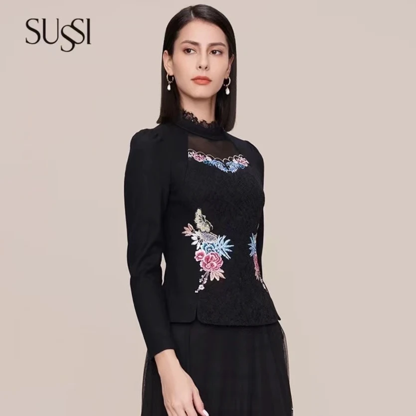 SUSSl/古色24冬季新品商场同款黑色荷叶刺绣长袖百搭上衣