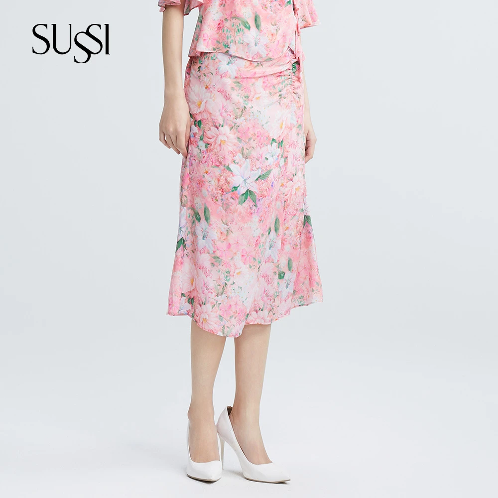 SUSSI/古色24夏商场同款凤仙粉温柔真丝印花鱼尾半裙女装