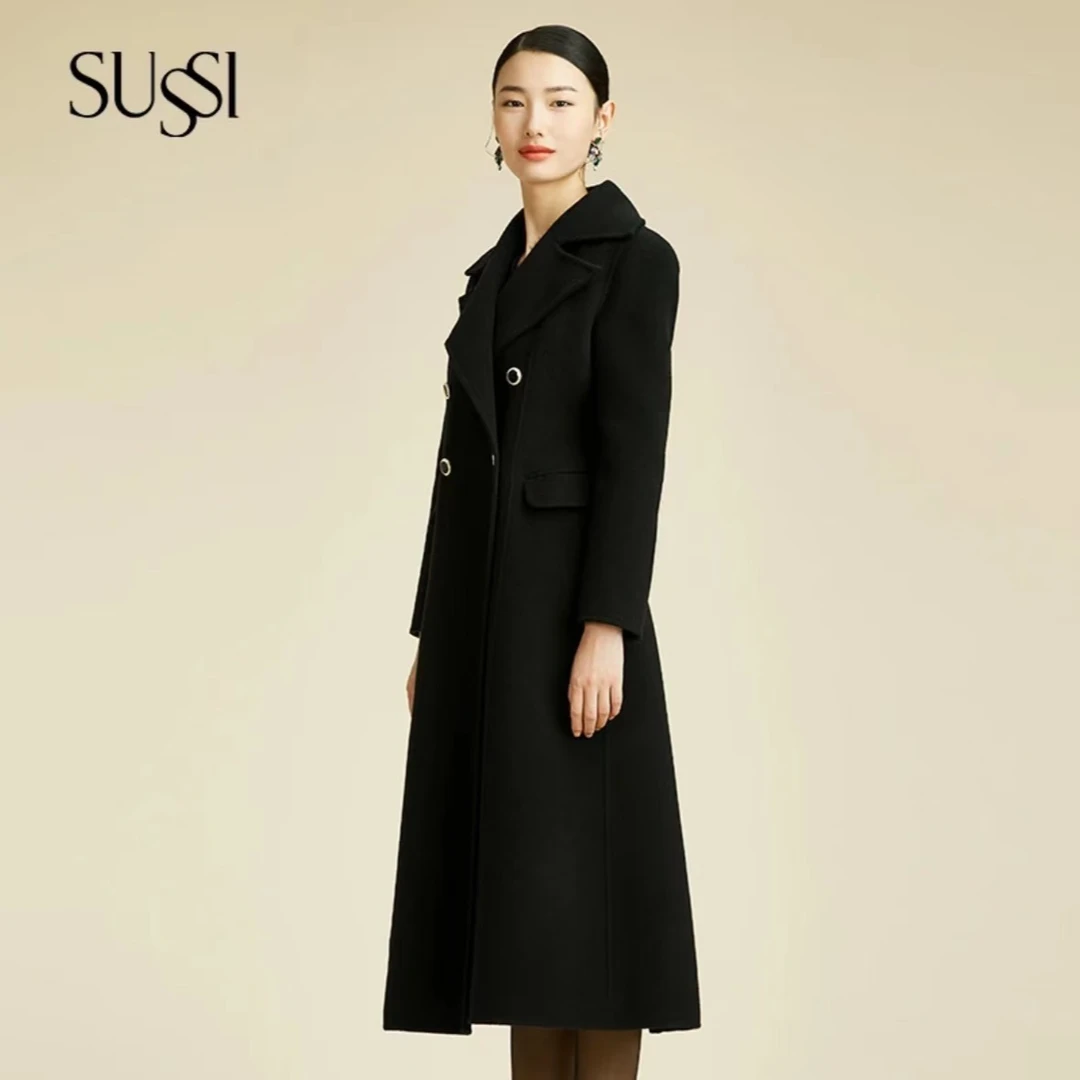 SUSSI/古色冬季新品商场同款黑色大翻领排扣长款大衣外套女气质