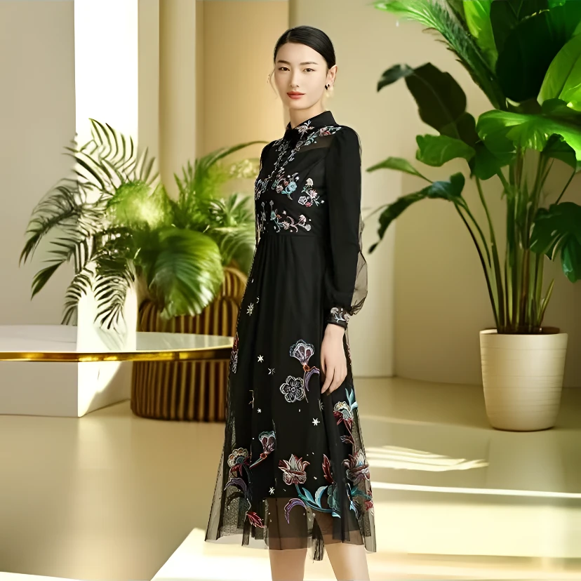 【哥特女王】SUSSI/古色新品黑色网纱刺绣衬衫领泡泡袖连衣裙