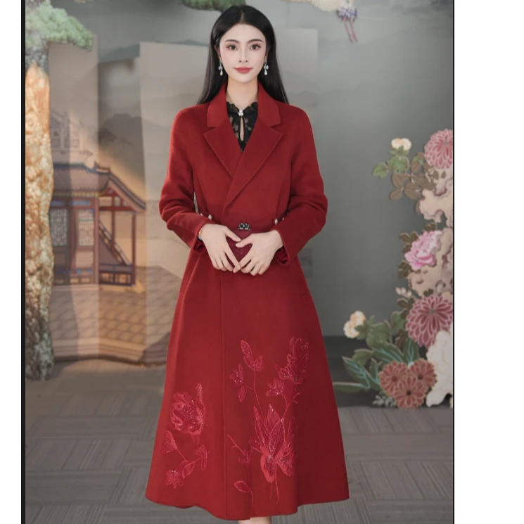 SUSSI/古色2024年秋冬酒红色刺绣平驳领双面呢中长大衣