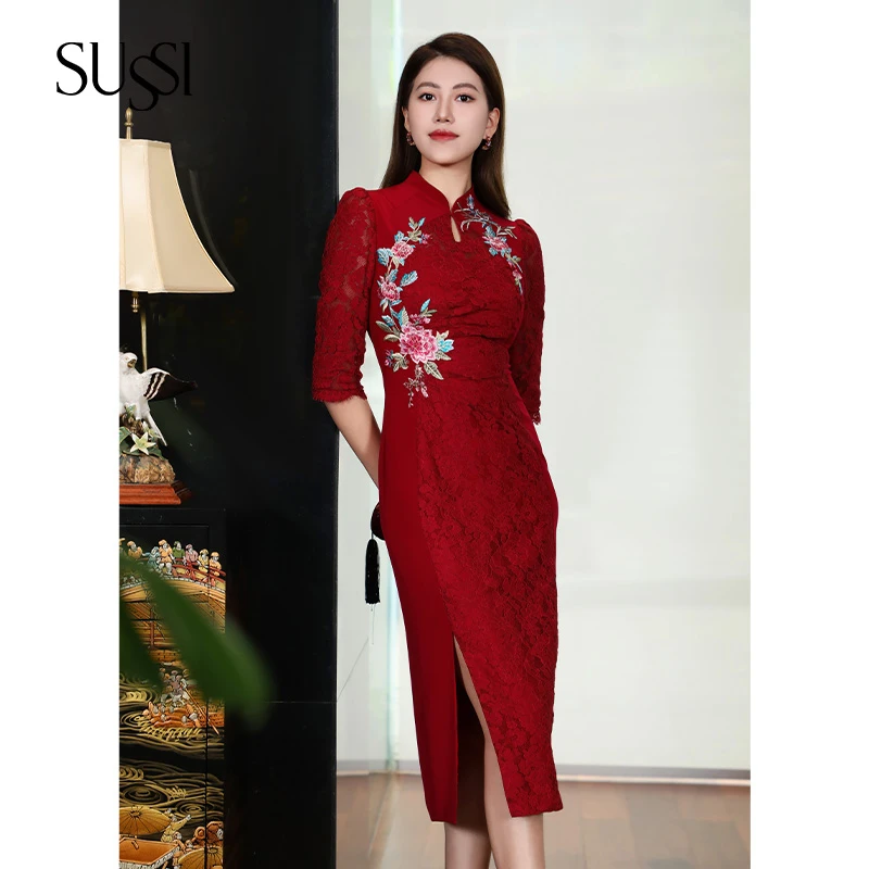 SUSSI/古色商场同款24春酒红色新中式蕾丝刺绣中袖连衣裙