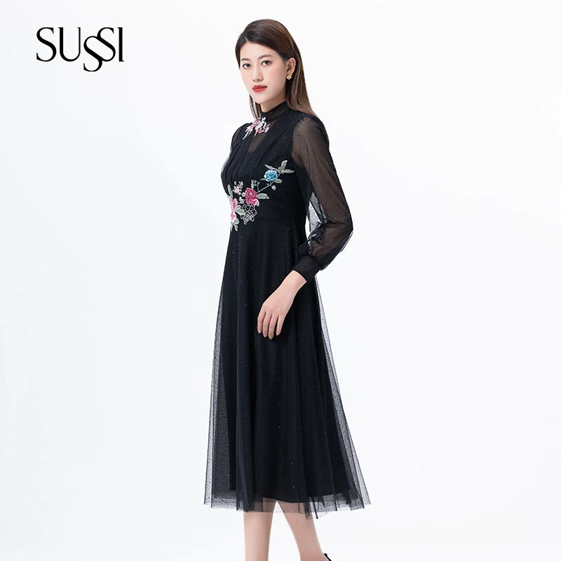 【年终特惠！】SUSSI/古色春商场同款刺绣贴钻网纱圆领短袖连衣裙女
