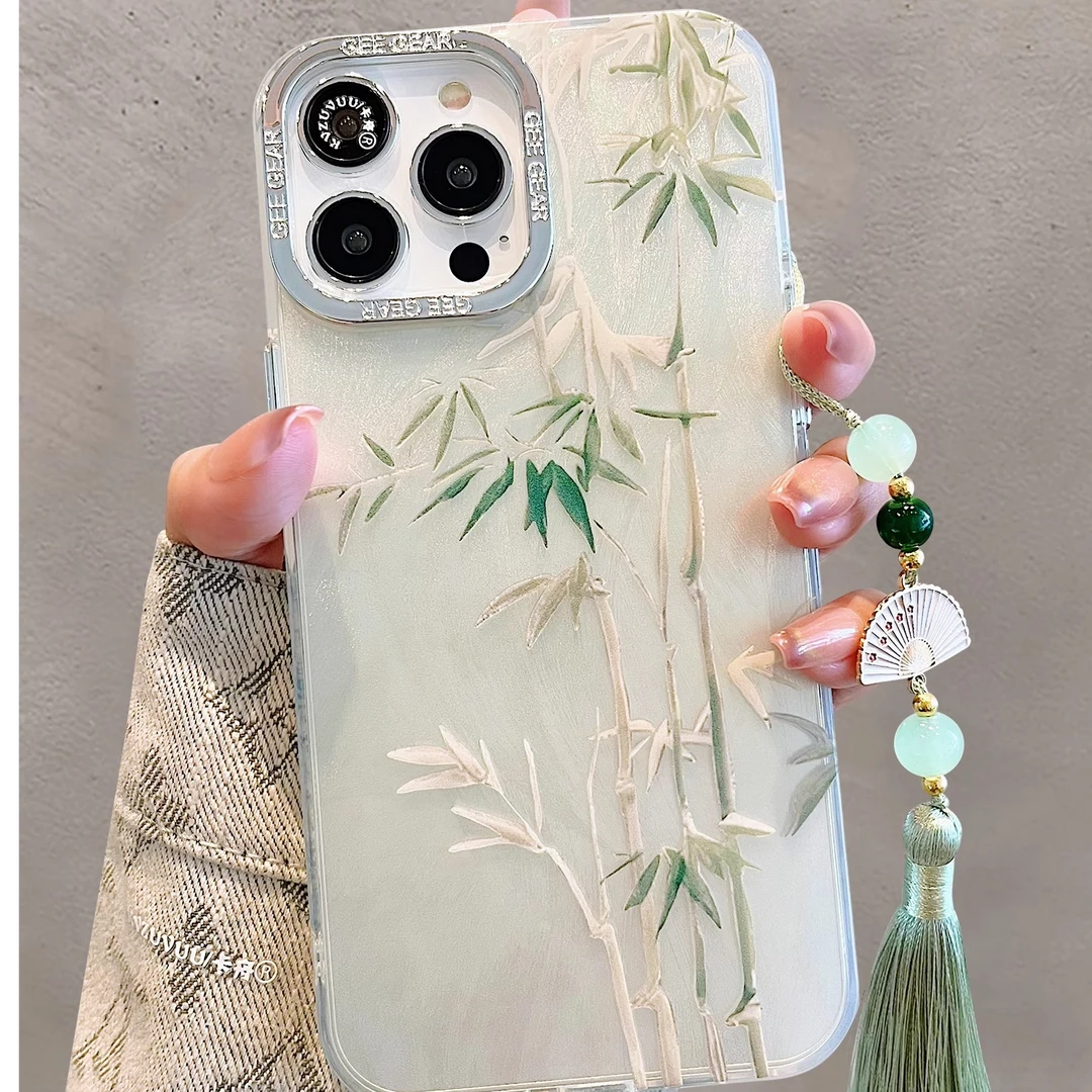 绿竹子小扇子适用苹果16promax手机壳iphone15plus国风12情侣14