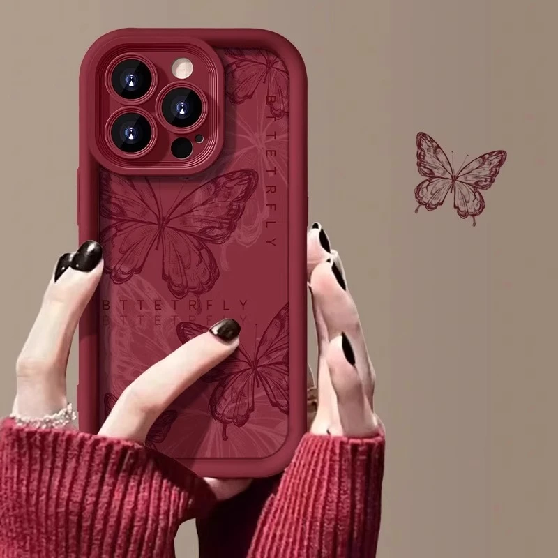 酒红蝴蝶适用苹果16promax手机壳轻奢网红高级iPhone17pro女15pro