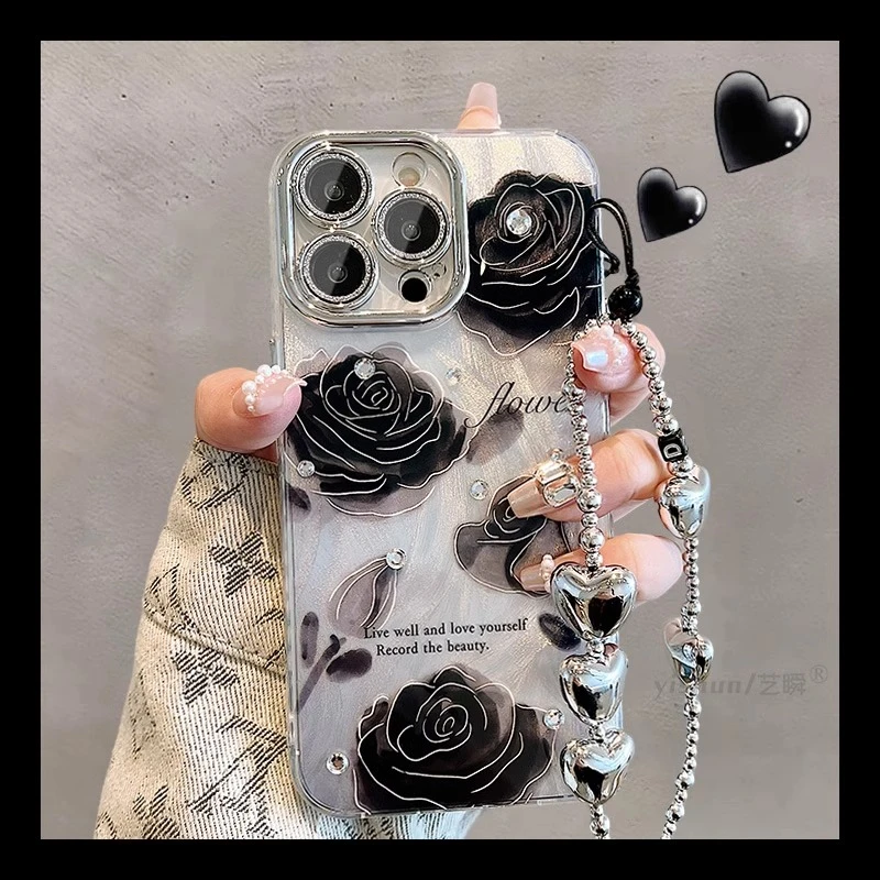 黑色玫瑰适用苹果16promax手机壳轻奢羽纱iphone 17promax女15pro