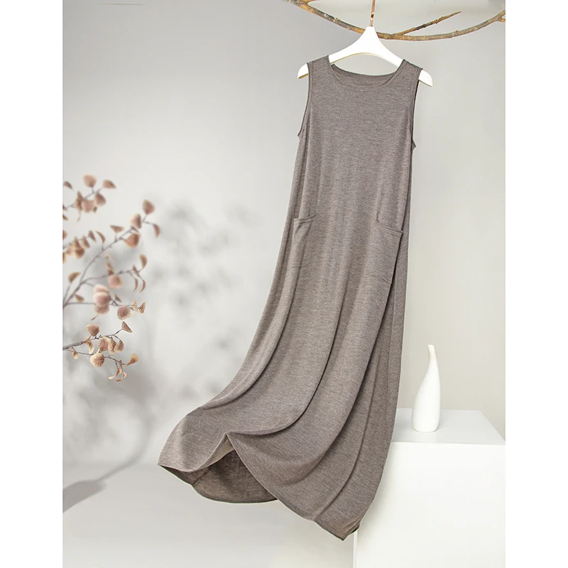 春夏精纺山羊绒无袖宽肩带口袋A版超显瘦宽松连衣裙