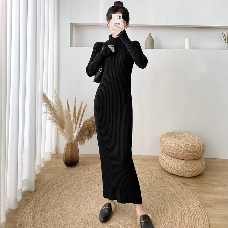 【金添翼专属】#8921超长款毛衣裙过膝女秋冬新款高领针织连衣裙
