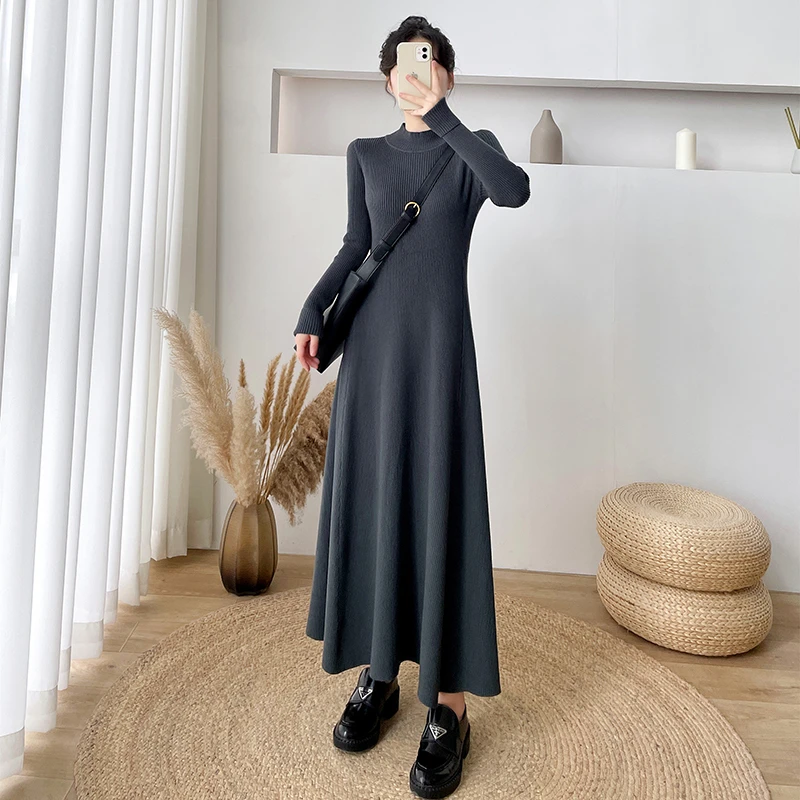 #8888超长款毛衣裙过膝女秋冬新款半高领打底内搭针织连衣裙长裙