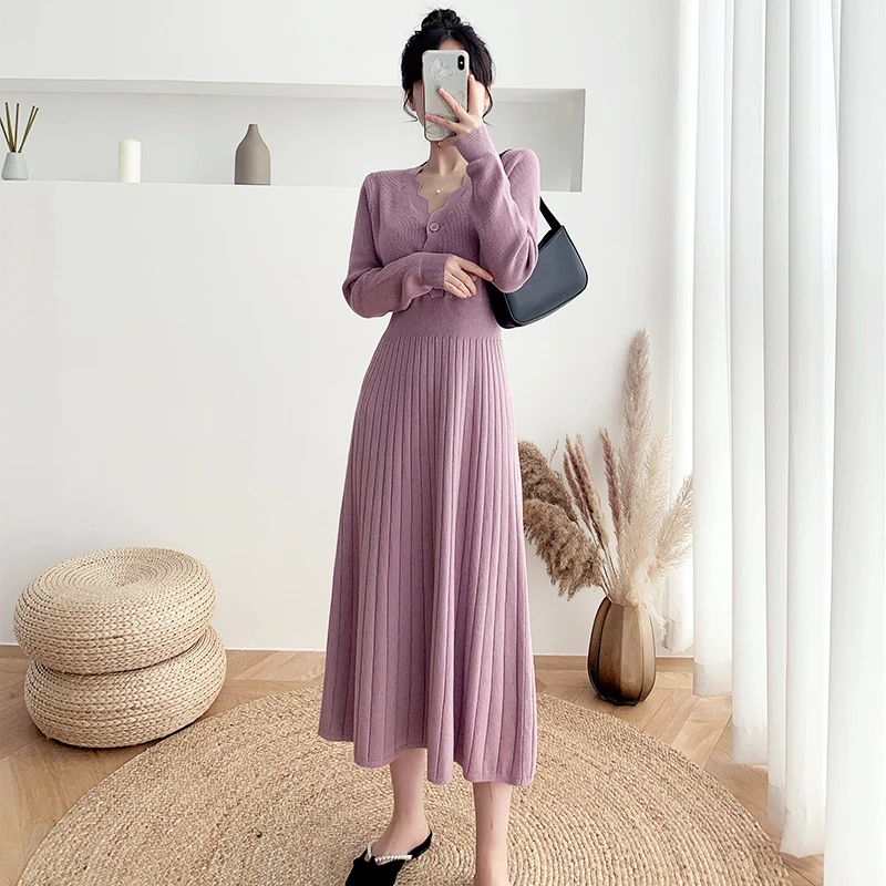 #8801针织连衣裙女2025新款秋冬收腰长袖打底中长款毛衣裙长裙