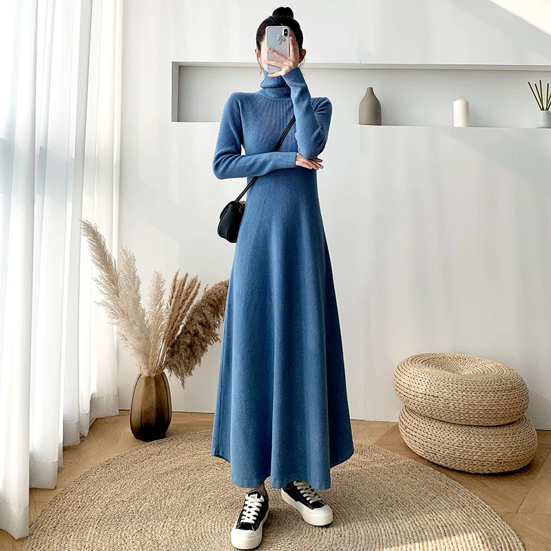 #8865超长款毛衣裙过膝女新款秋冬打底内搭高领针织连衣裙长裙