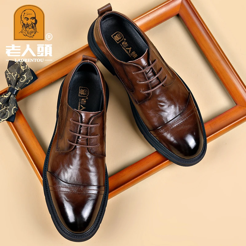 老人头爆款2025新款男真皮休闲皮鞋英伦风透气2025年正装德比鞋