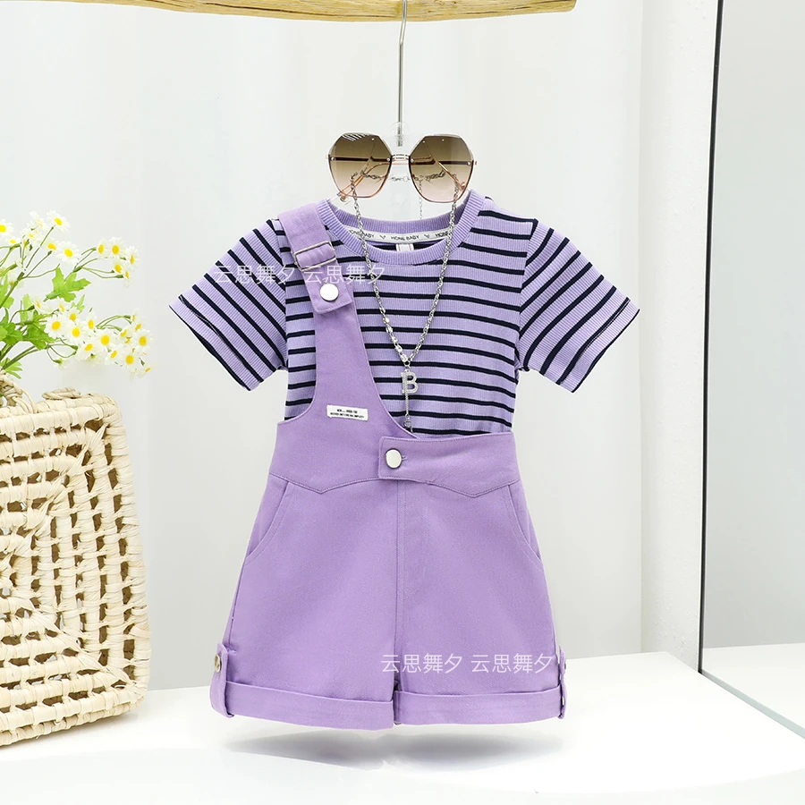 2025夏季新款女童韩版时尚条纹套装母女装背带裤背带洋气两件套潮