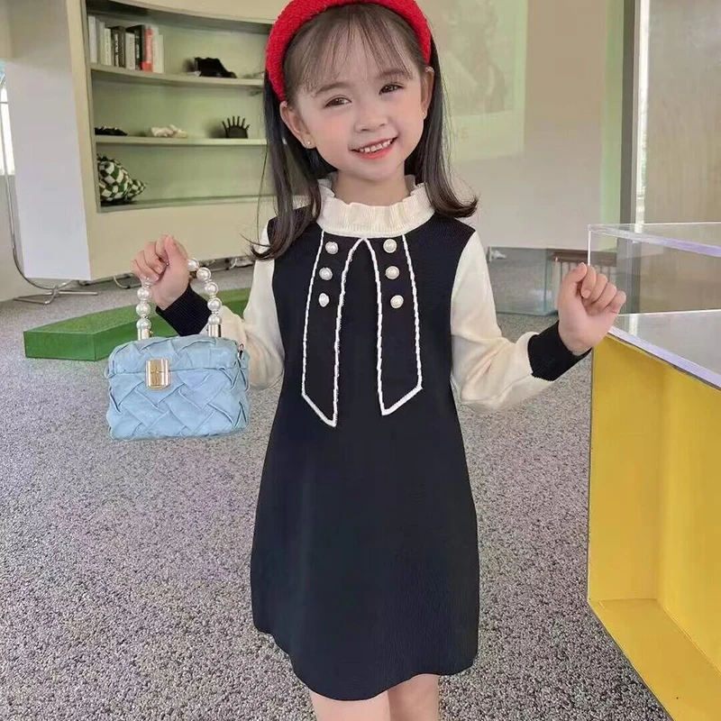 童装2023秋冬新款儿童花边领洋气毛线裙女童木耳花边针织连衣裙