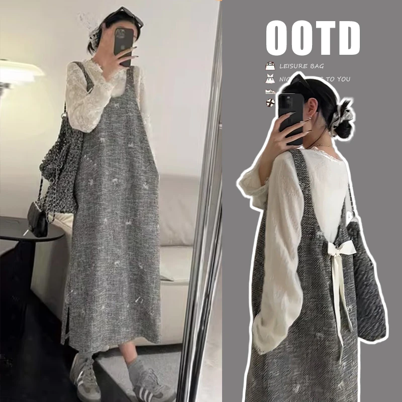 孕妇春秋小香风蝴蝶结粗布花呢背心裙+V领镂空蕾丝宽松套装