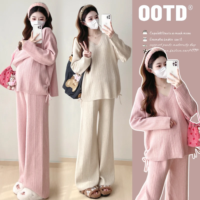 时尚孕妈秋冬软糯亲肤套头V领时尚毛衣休闲款时尚孕妈宽松套装