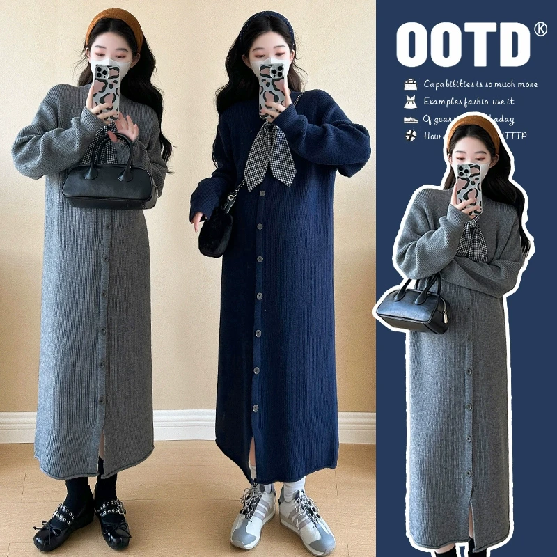 时尚简约孕妇休闲外穿宽松百搭秋冬长款针织连衣裙过膝