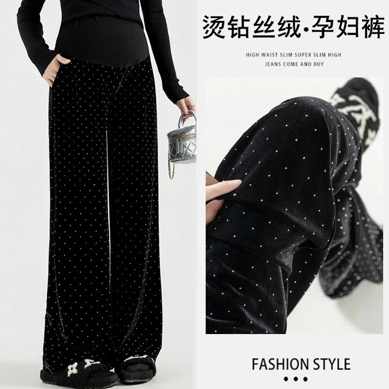 孕妇阔腿裤秋冬新款满天星烫钻丝绒孕妇裤加绒垂感直筒孕妇拖地裤