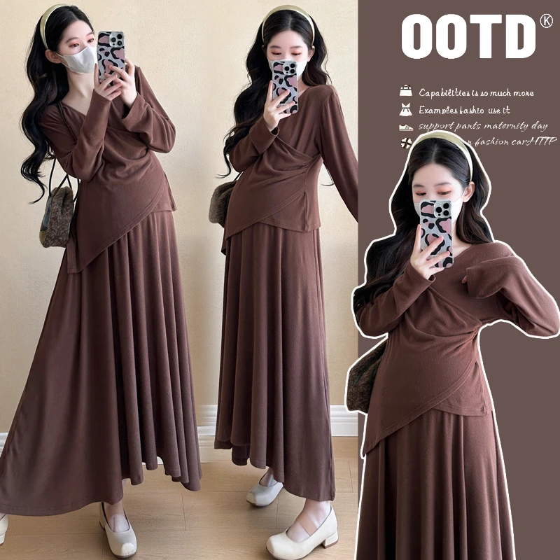 孕妇装秋季2024潮款套装时尚不规则上衣宽松显瘦a字半身裙两件套