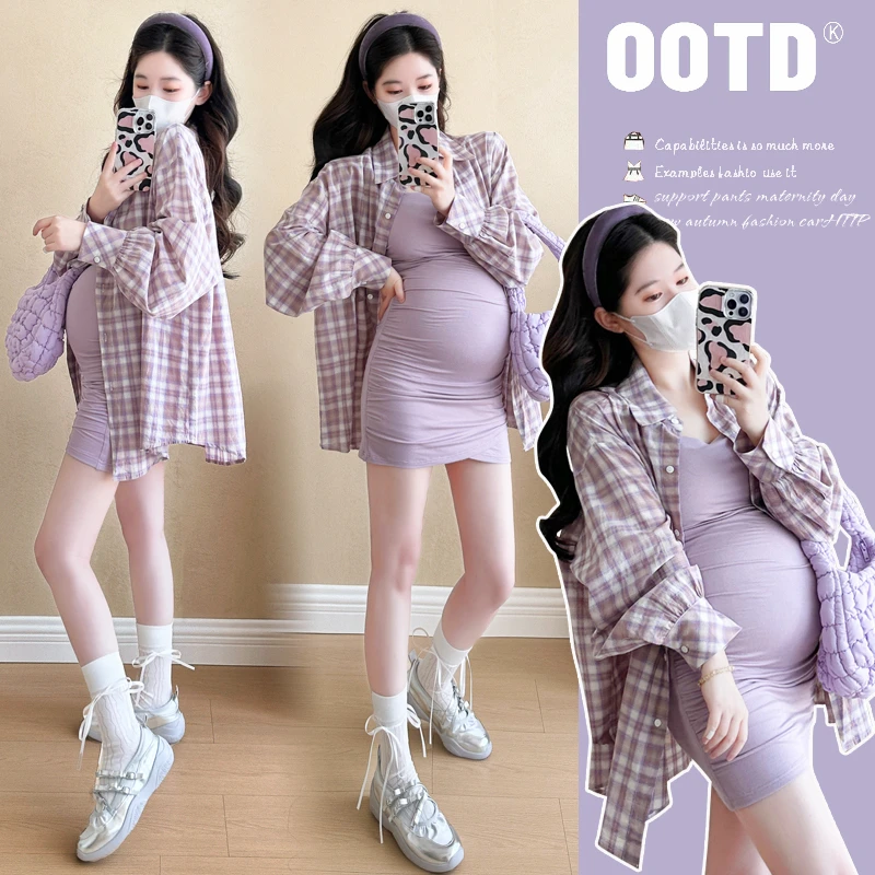 孕妇装秋季新款上衣宽松显瘦POLO领长款长袖格子衬衫两件套