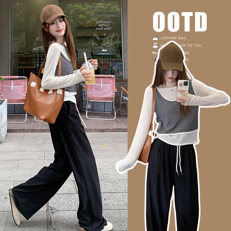 孕妇假两件套长袖防晒T恤女秋季慵懒宽松罩衫上衣阔腿抽绳孕妇裤