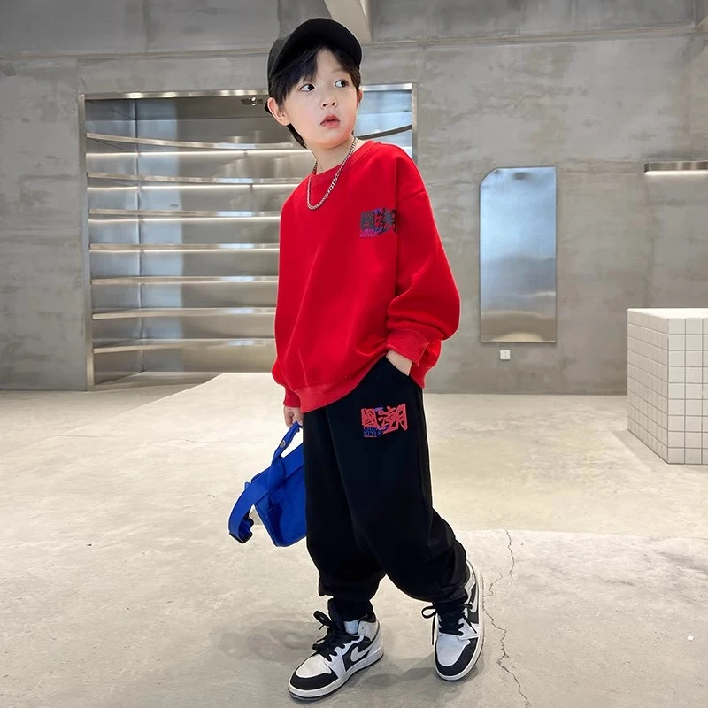 男童秋冬卫衣套装2025新款男孩班服街舞运动演出服冬装加绒厚酷帅
