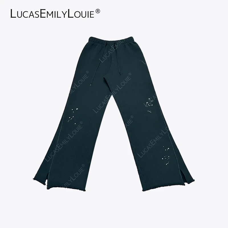 LUCASEMILYLOUIE 休闲松紧腰抽绳泼墨卷边开衩吊腿裤2411214