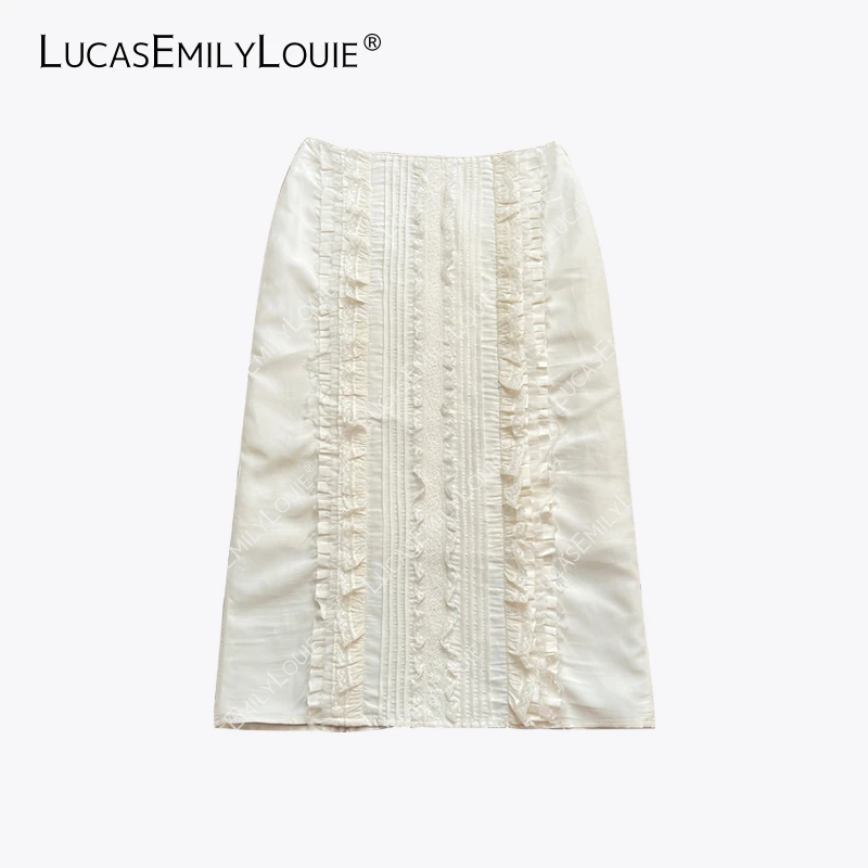 LUCASEMILYLOUIE 复古裥褶蕾丝荷叶边裙短款半身小白裙2410703