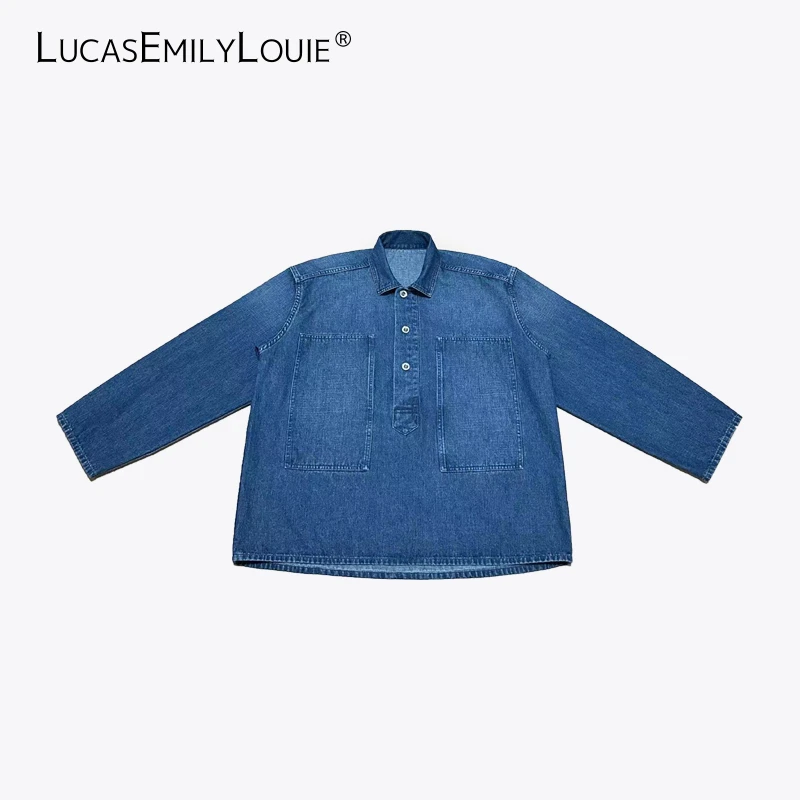 LUCASEMILYLOUIE 复古休闲廓形牛仔衬衫半开襟套头上衣2410369