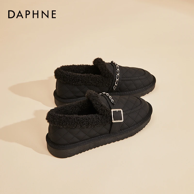 达芙妮时尚豆豆鞋黑色棉鞋2024冬季皮毛一体加绒防寒防滑平底单鞋